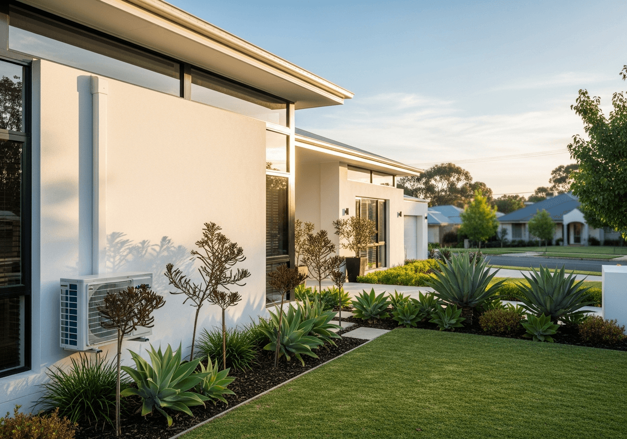 An Adelaide home in late afternoon light with a discreet condenser visible.