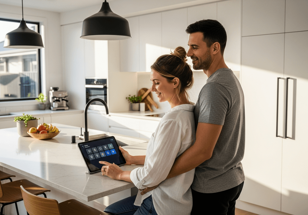 Couple in kitchen using MyPlaceIQ tablet to manage smart home systems including air conditioning, lights, and security