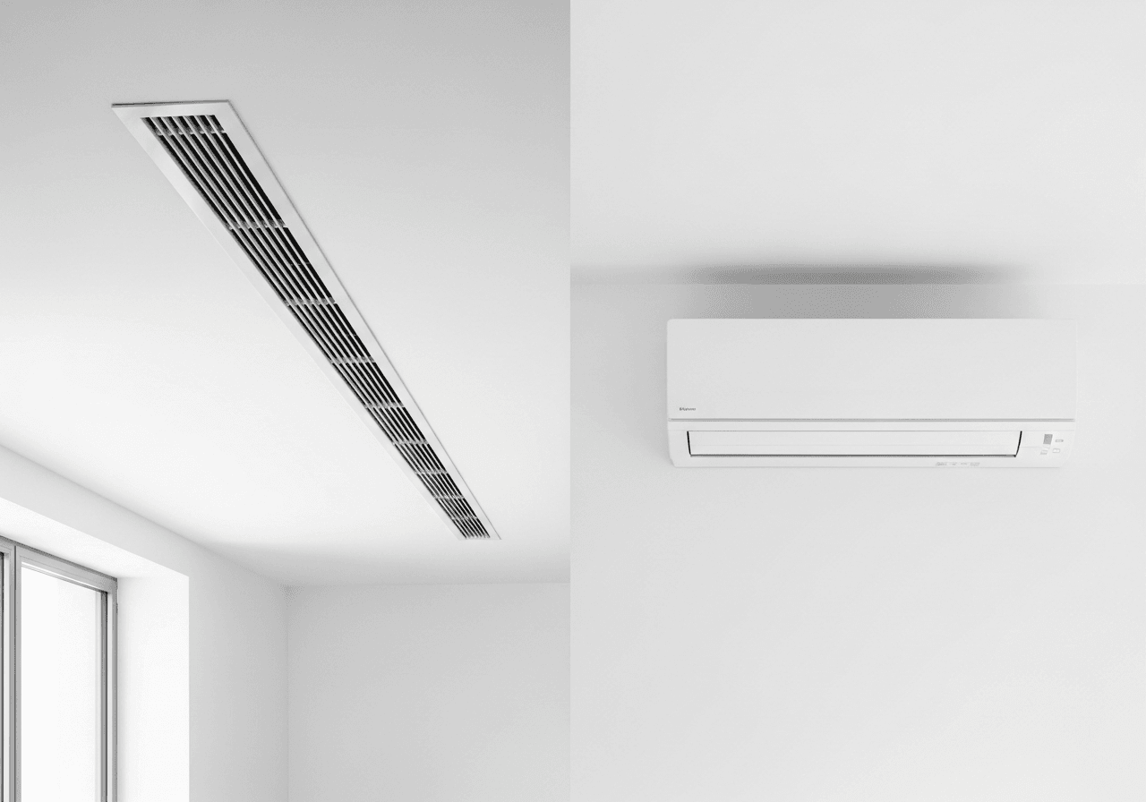 Adelaide living room with air conditioning showing the choice between ducted and wall split systems