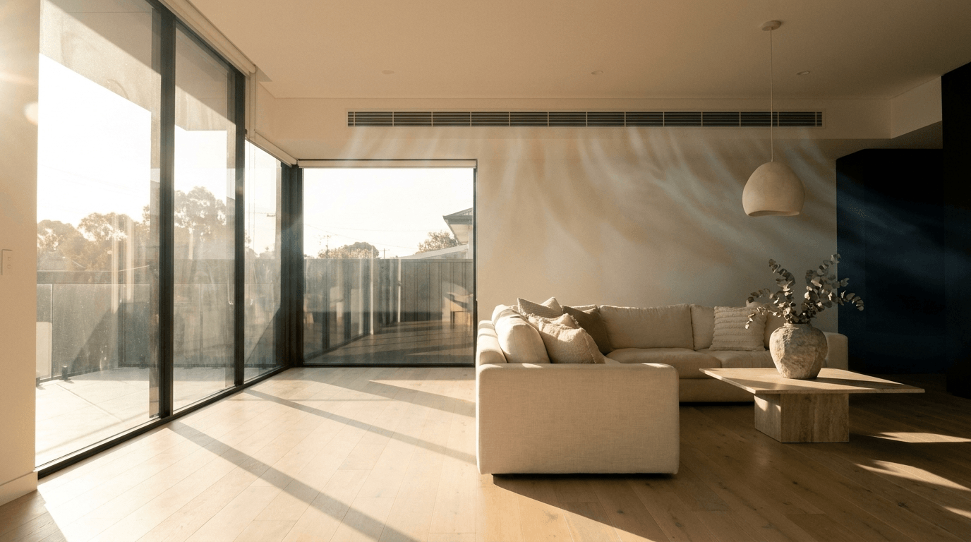 Open-plan Adelaide living room with sliding glass doors letting in cool, fresh air throughout the home